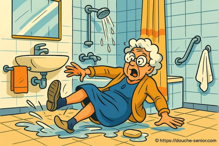 Femme âgée glissant dans une salle de bain