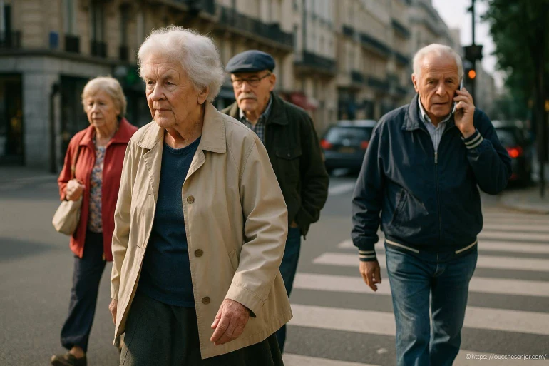 Quatre personnes âgées traversant une rue