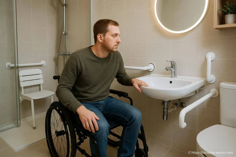 Homme en fauteuil roulant dans salle de bain accessible
