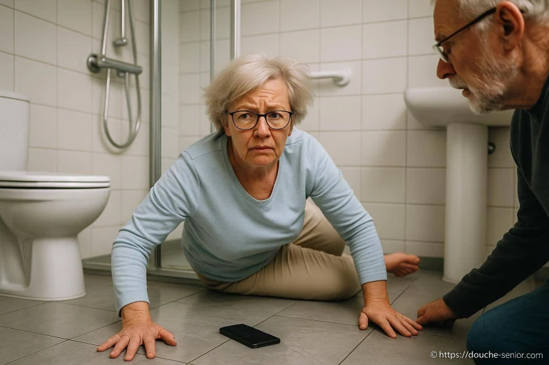 Femme âgée tombée dans salle de bain