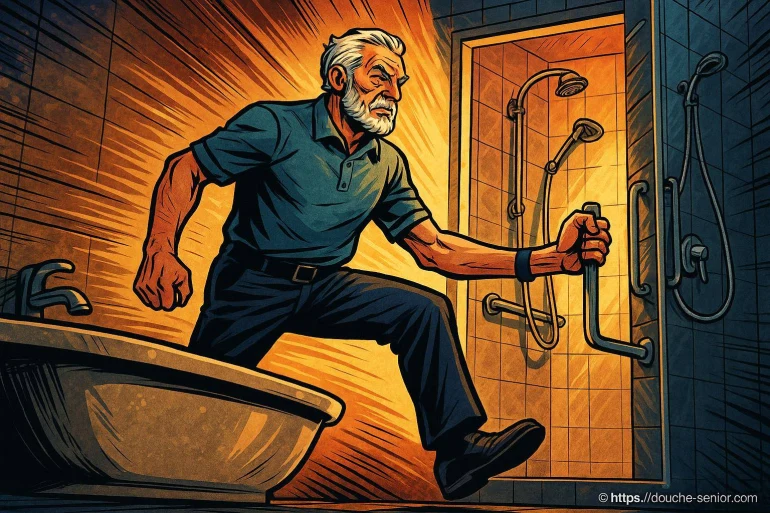 Homme âgé entrant dans une douche sécurisée