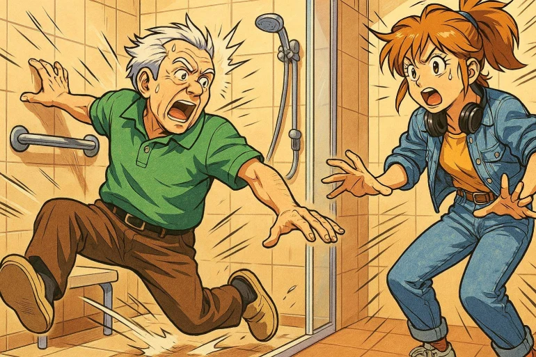 Homme âgé glisse dans une douche