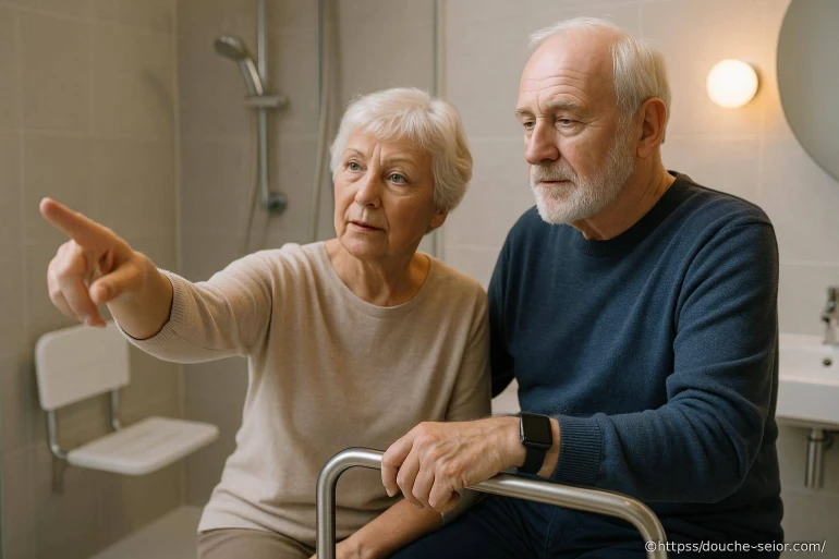 Couple senior discutant dans salle de bain