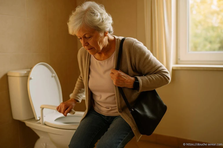 Femme âgée s'asseyant sur toilette avec aide