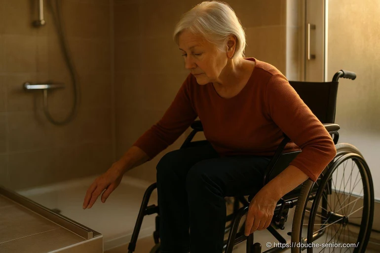 Femme âgée en fauteuil roulant dans salle de bain