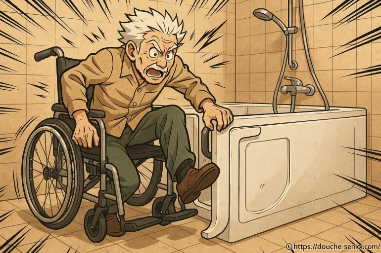 Homme en fauteuil roulant dans salle de bain