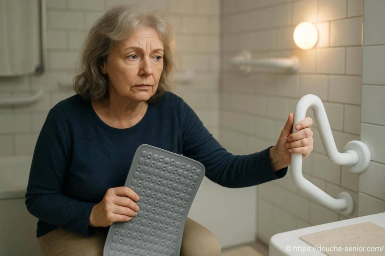Femme âgée tenant une poignée de sécurité