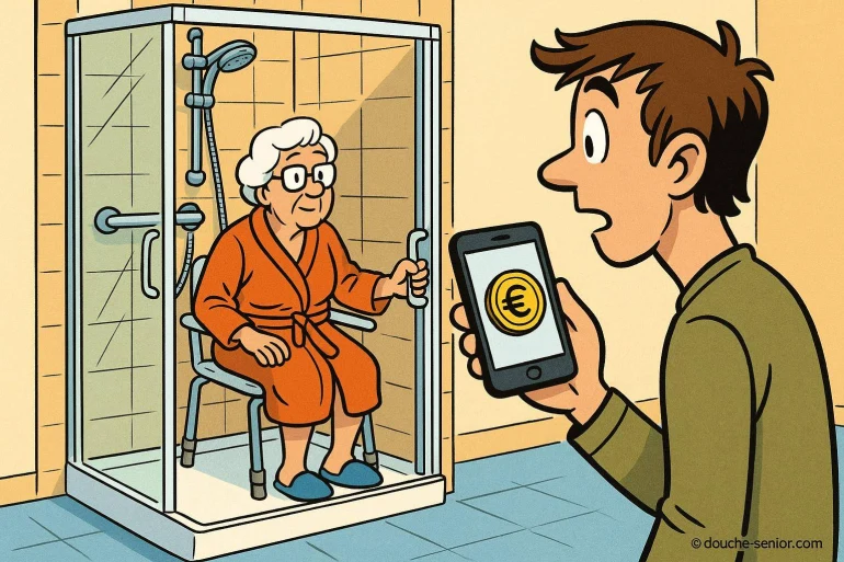 Femme âgée dans douche adaptée et homme surpris