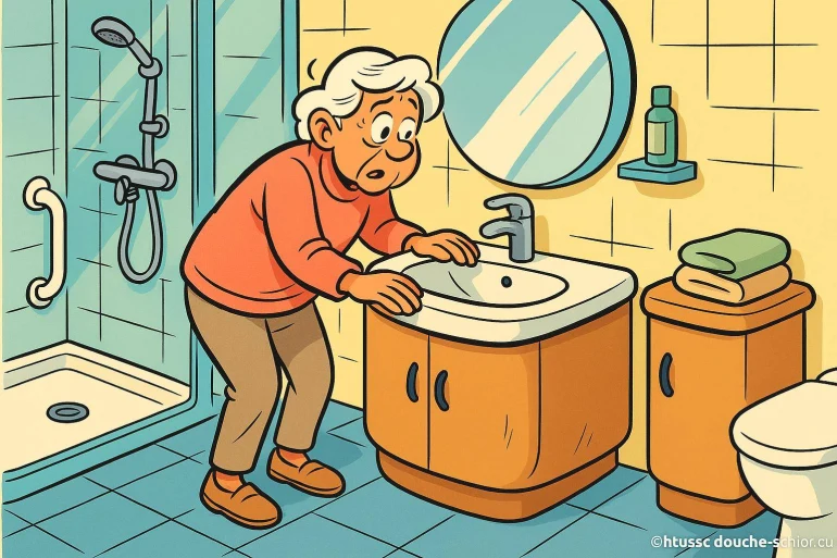 Personne âgée en difficulté dans salle de bain
