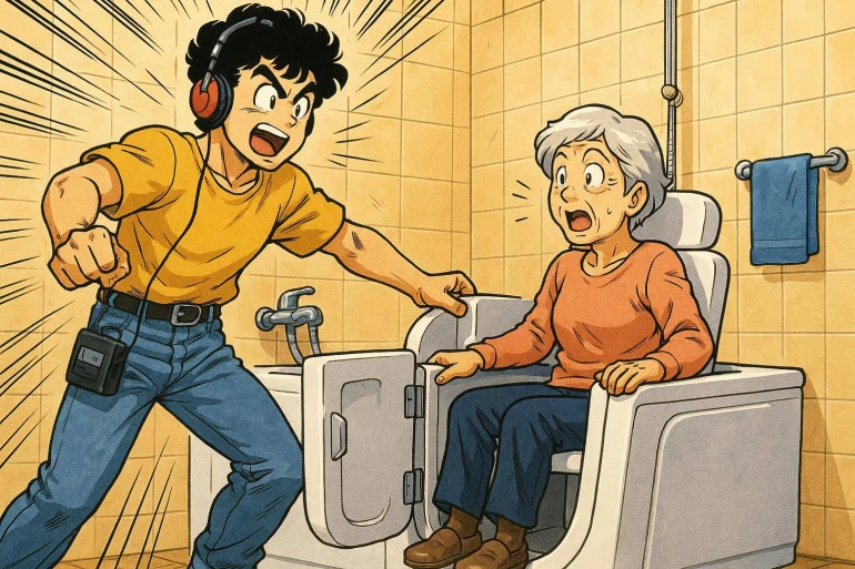 Jeune homme surpris une vieille dame en fauteuil