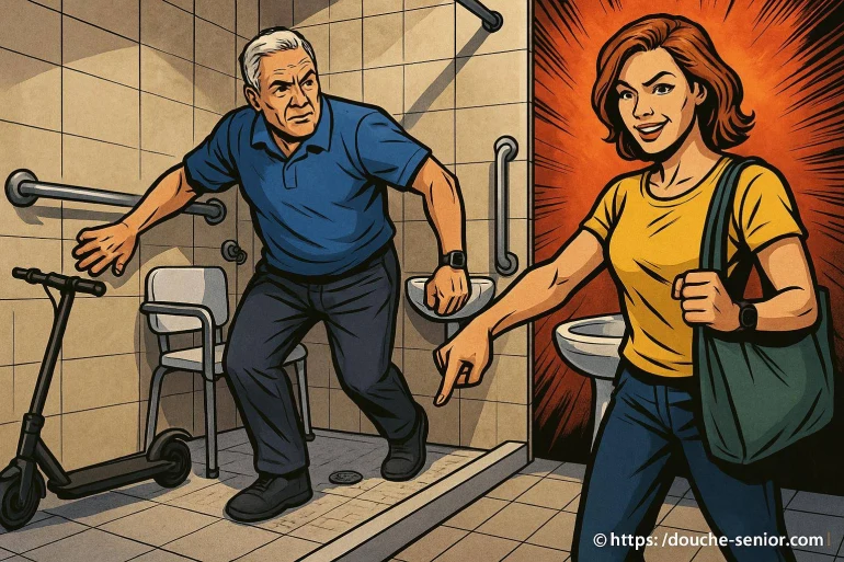 Homme âgé évitant trottinette dans salle de bain
