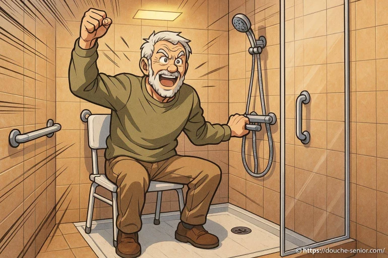 Homme âgé joyeux dans douche adaptée