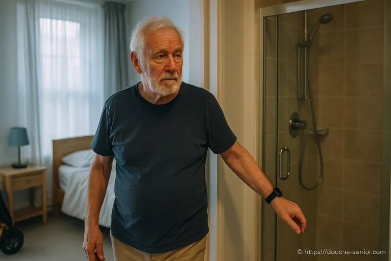 Homme âgé près d'une douche sécurisée