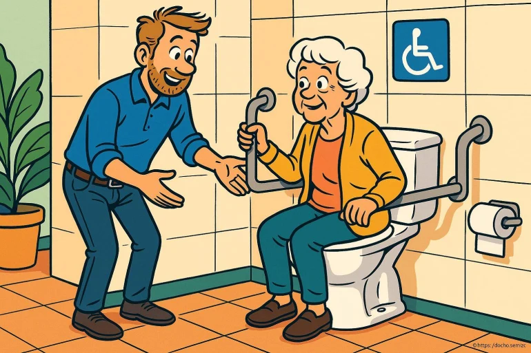 Aide à une personne âgée aux toilettes accessibles
