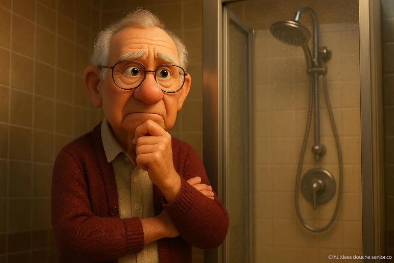 Personnage âgé pensif dans une salle de bain
