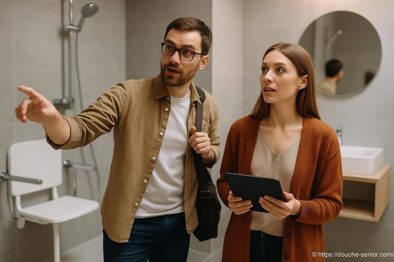 Couple visitant salle de bain accessible