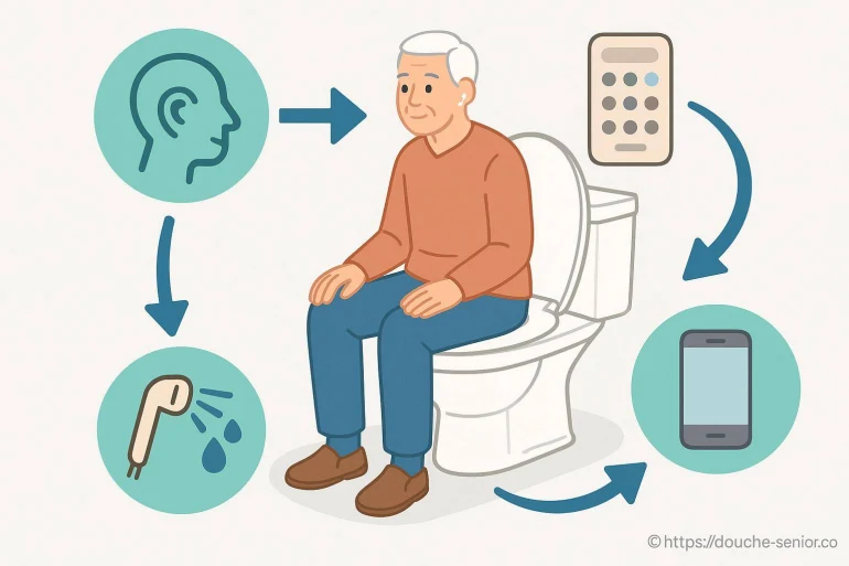 Homme âgé utilisant un toilette assisté