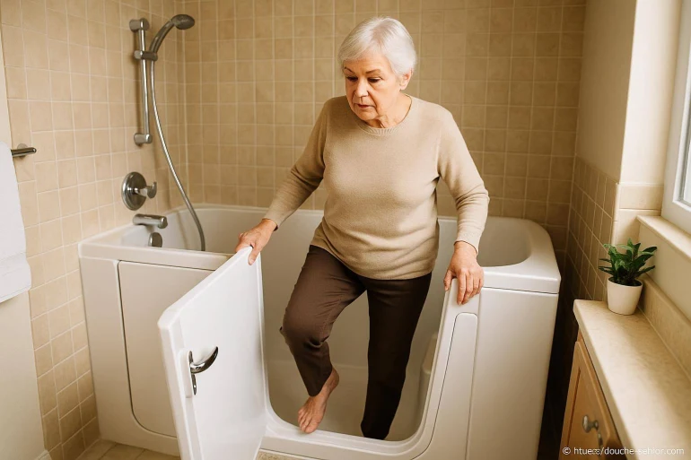 Femme âgée sortant d'une baignoire à porte