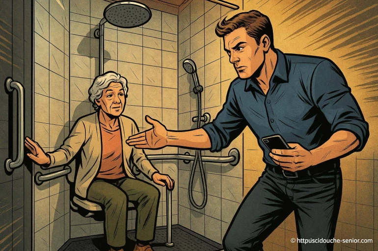 Homme aidant personne âgée dans douche