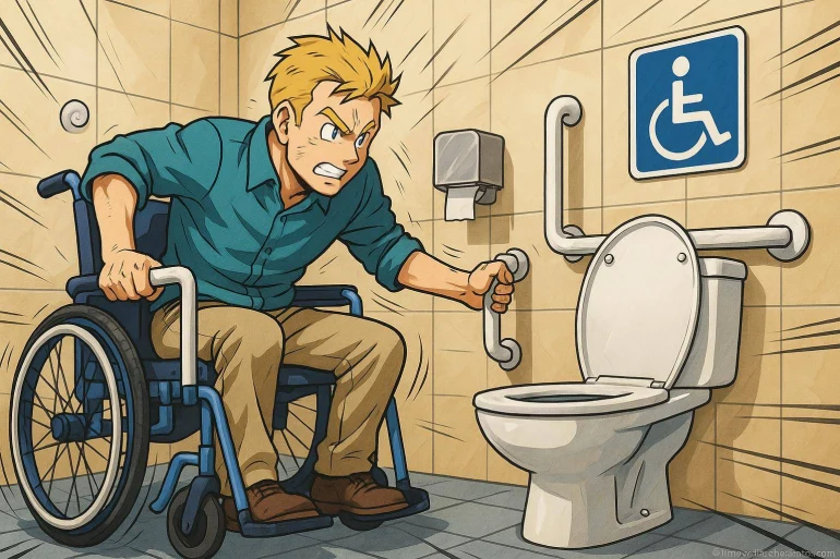 Homme en fauteuil roulant frustré dans toilettes