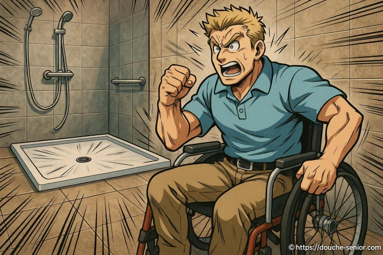 Homme en fauteuil roulant dans une douche accessible