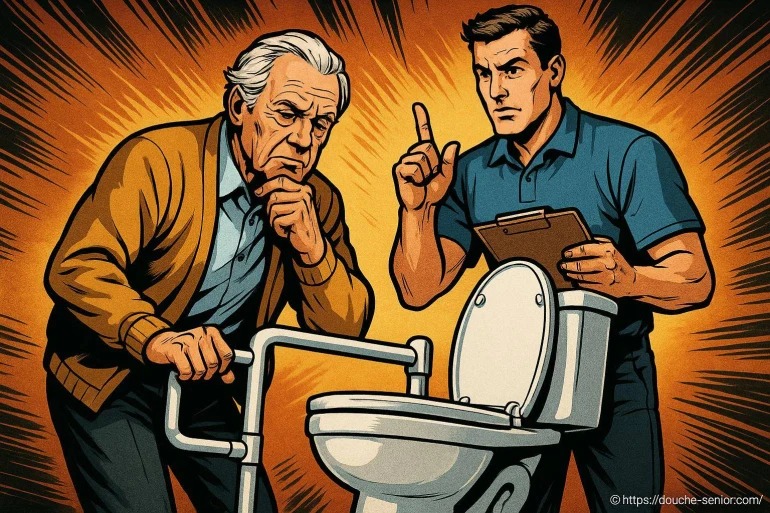 Homme âgé évaluant toilette adaptée