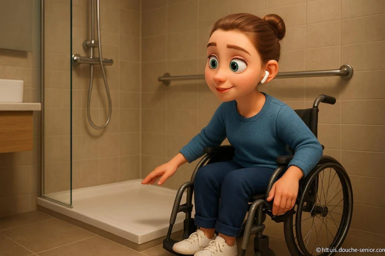 Femme en fauteuil roulant dans salle de bain