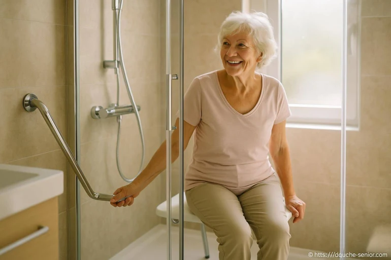 Femme âgée souriante dans douche sécurisée