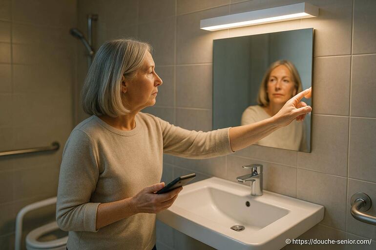 Femme senior allumant lumière miroir salle de bain